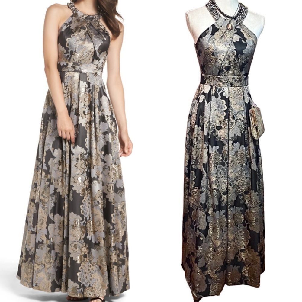Eliza J Embellished Metallic Brown Multi Floral Jacquard Ballgown